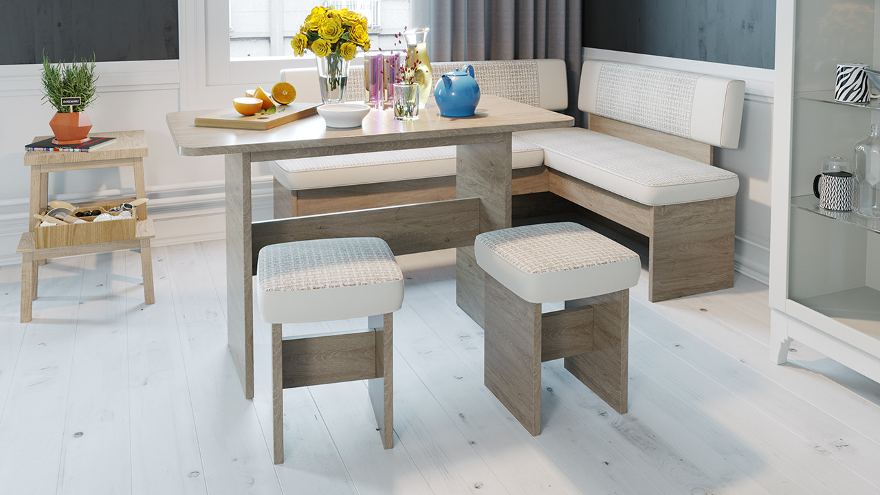 Кухонный уголок «Дублин» Дуб Сонома Трюфель/Кожзам Бежевый + Ткань Бежевая