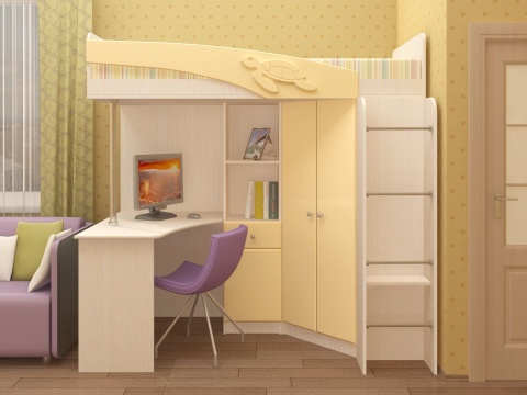 Детская Чердак Ириска МДФ Шимо Светлый+Ваниль Глянец ( 2,03х1,95х1,2/спальное место 0,8х2,0) с Матрасом в Подарок